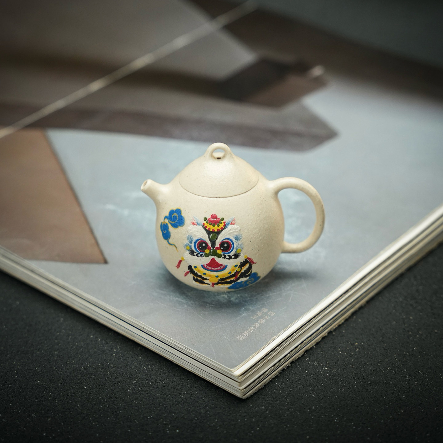 【文人茶器】宜兴紫砂壶原矿白玉段泥一人饮小茶壶泥绘小醒狮75cc