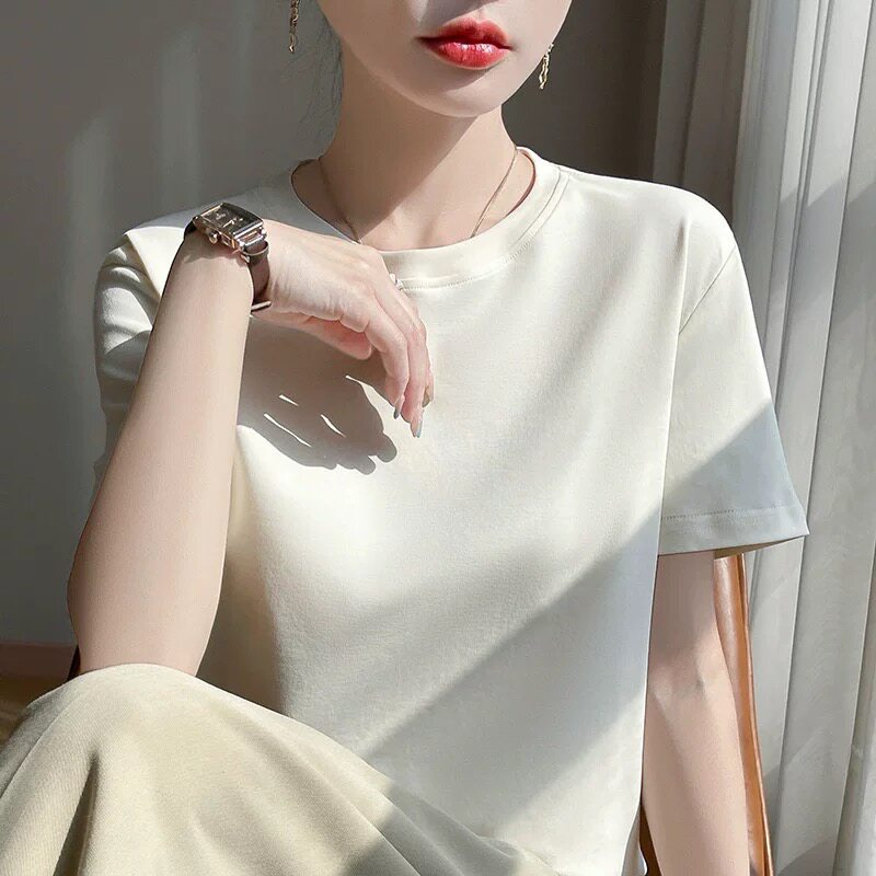高端丝光棉！圆领短袖T恤背心女100%纯棉白色百搭打底衫西装内搭