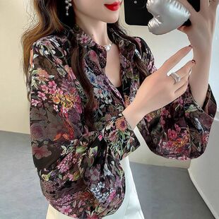 灯笼袖雪纺衬衫女2025新款减龄碎花上衣女轻奢高级感黑色衬衣女仙