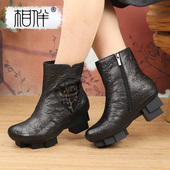 压花新中式 相伴真皮短靴女2025新款 冬靴粗跟加绒民族风女鞋 女靴