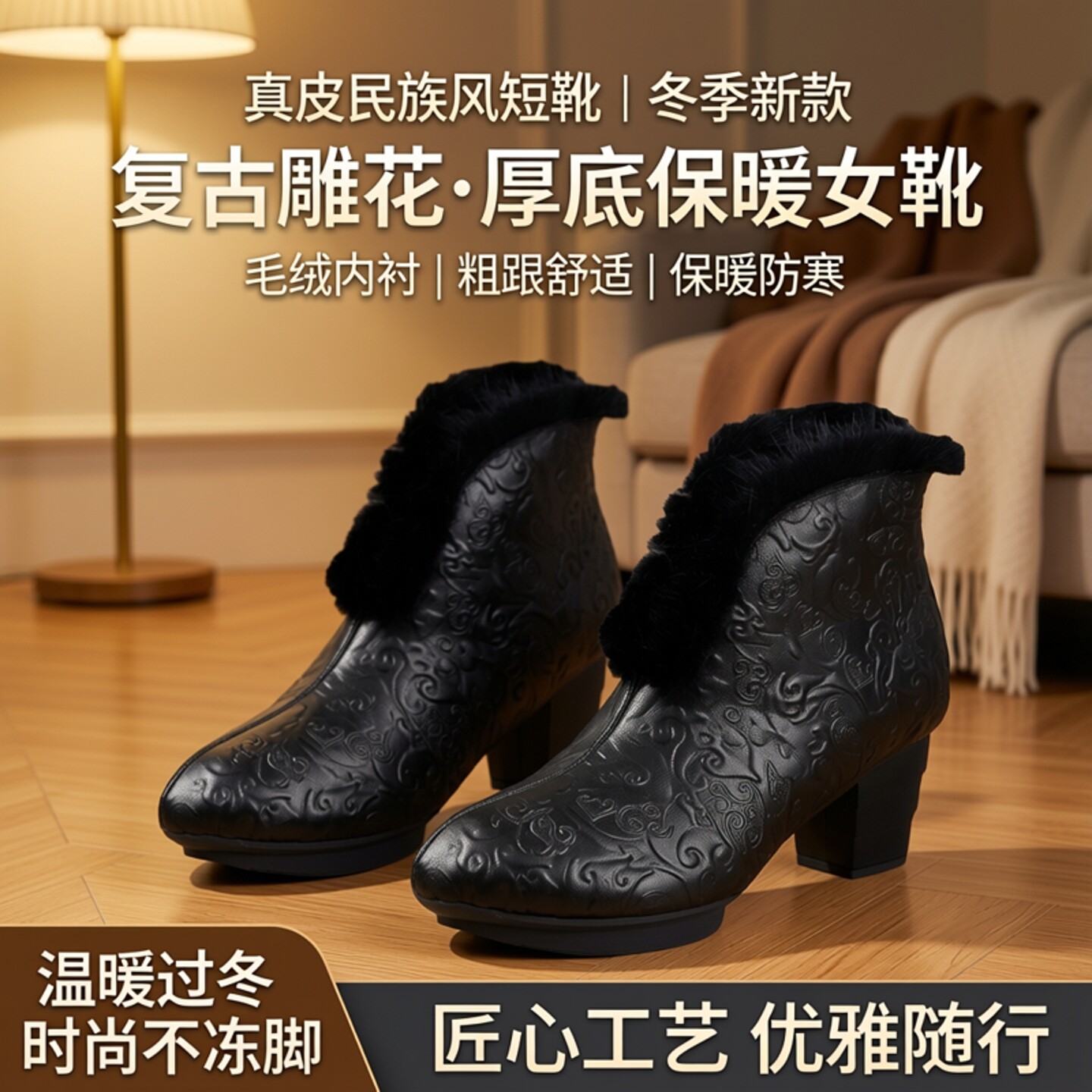 相伴真皮冬鞋短靴女新款厚底靴子女士粗跟棉鞋民族风冬季女靴