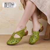 女不累脚绿色鞋 子软底新款 女款 相伴真皮民族风凉鞋 复古女鞋