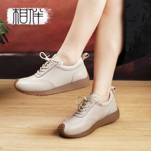 相伴真皮运动休闲鞋女新中式软底软面深口鞋妈妈厚底鞋复古女鞋