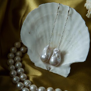 中长款10cm 极光天然淡水巴洛克珍珠耳线耳钩耳坠 鱼尾大巴