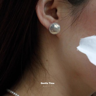 极光5A+镜面炫彩银蓝 极皱 天然淡水爱迪生巴洛克珍珠耳钉 素钉