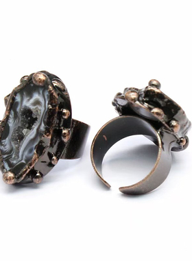 复古风天然晶洞玛瑙纯手工烧焊电镀古铜色开口可调节女士戒指
