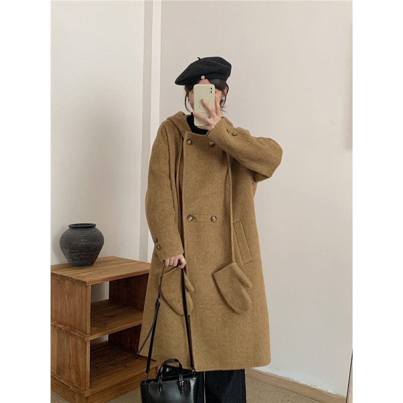 秋冬连帽双面羊毛大衣女附手套