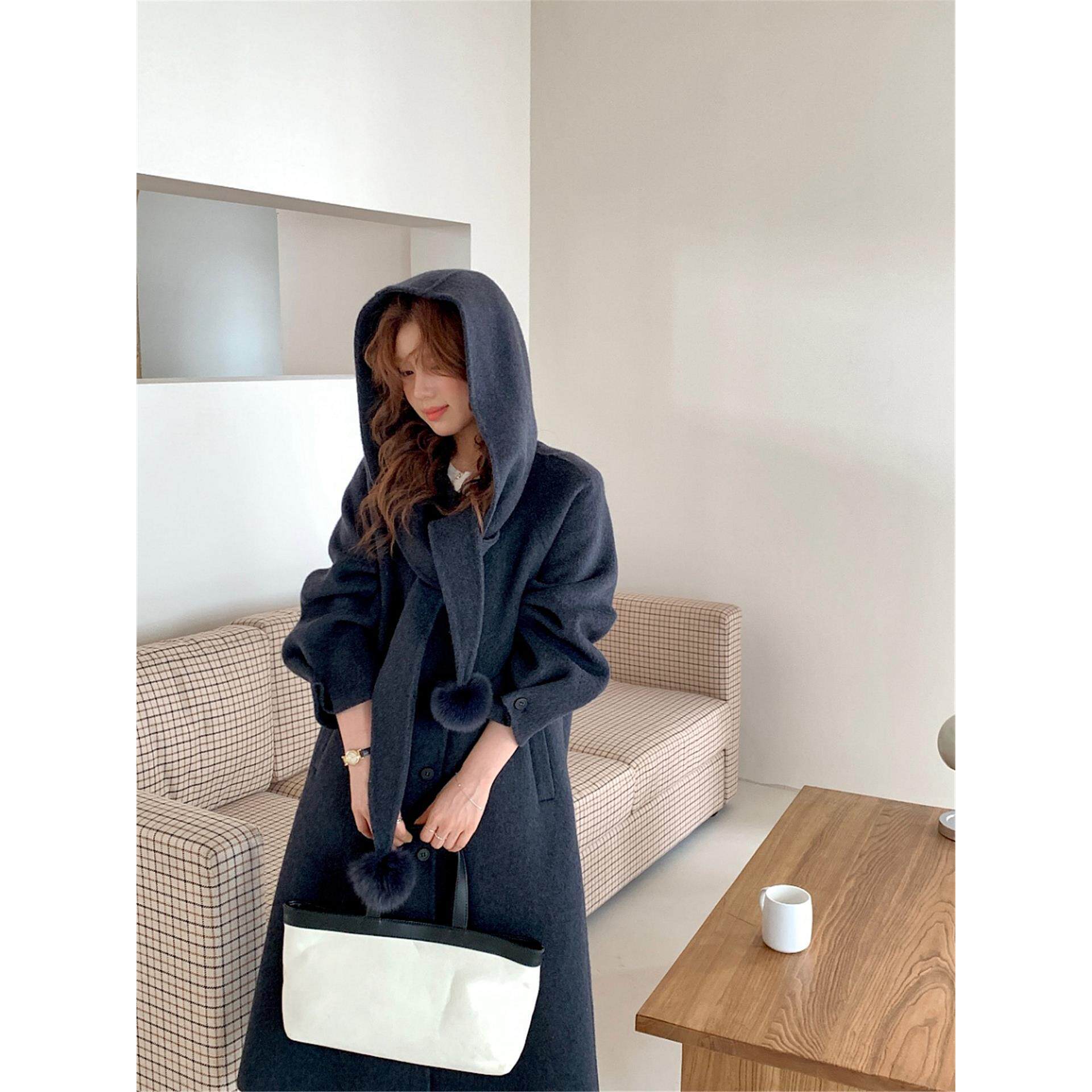 双面羊绒大衣女中长款秋冬新款韩版可拆卸兔耳朵连帽羊毛呢外套韩