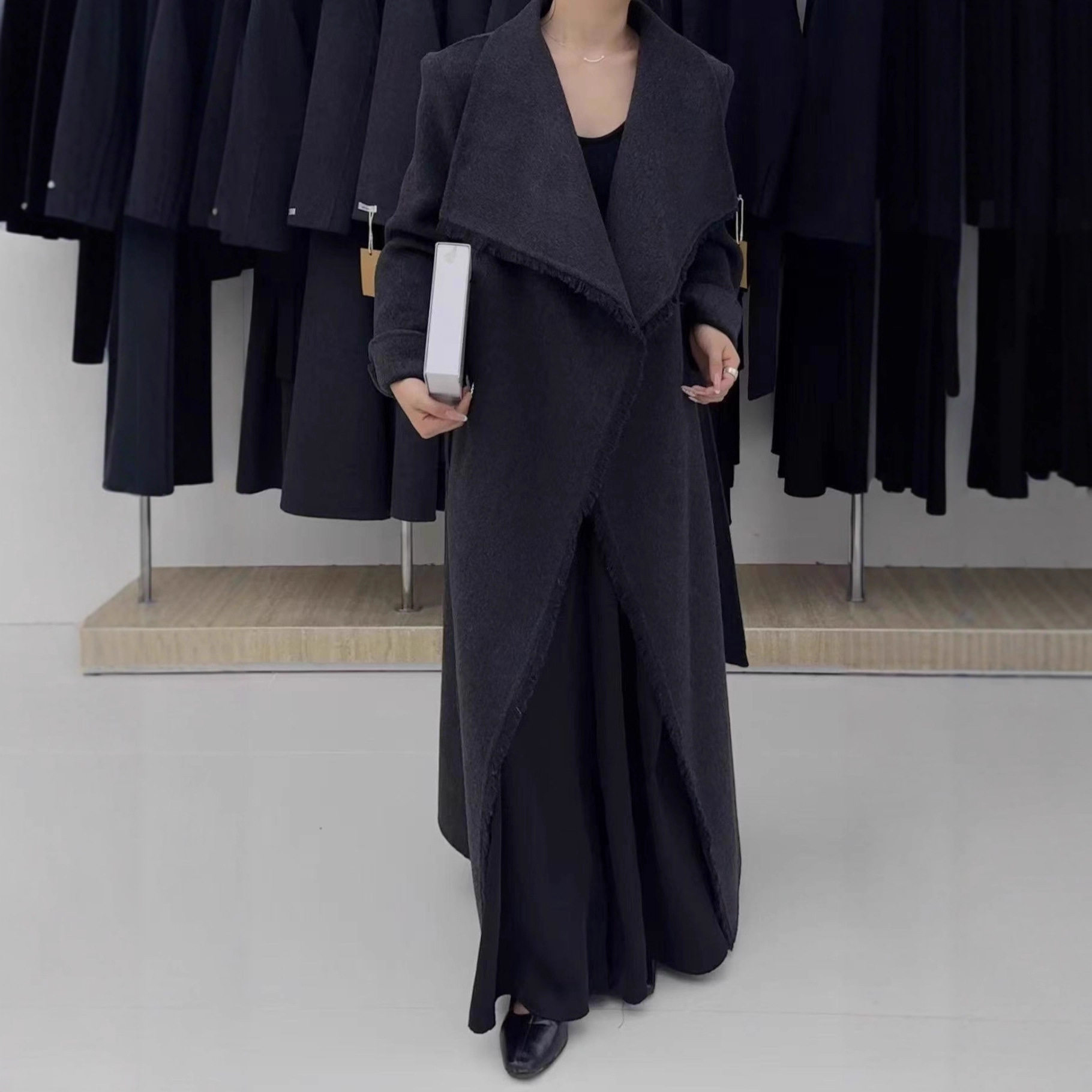 流苏拉毛长款宽松系带时尚毛呢