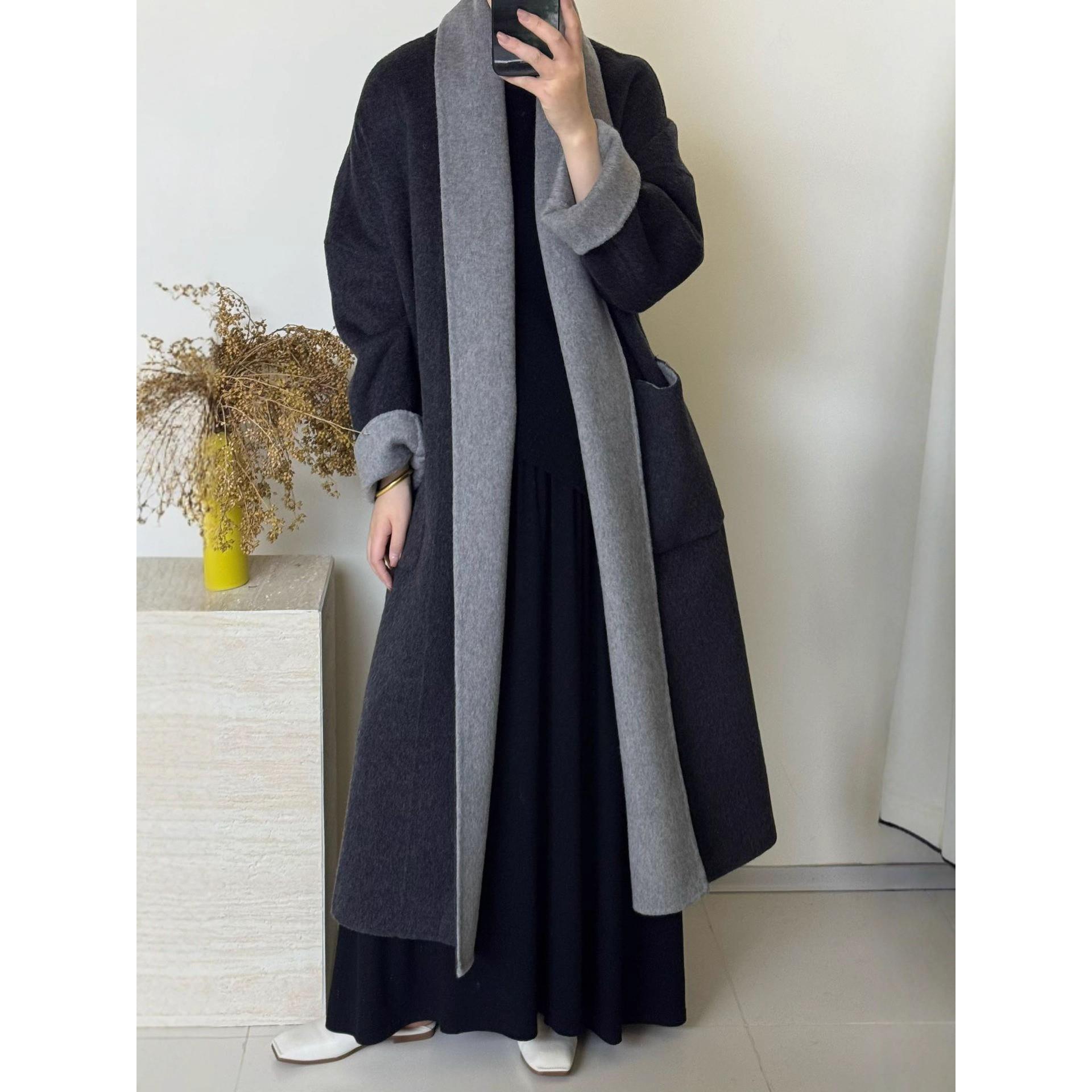 宽松双面羊毛呢外套围巾款高级感韩系小众长款加厚浴袍羊绒外套女
