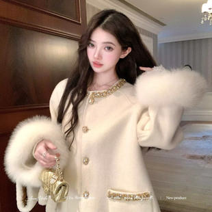 法式 狐狸毛羊毛大衣女小个子小香风双面毛呢外套宽松钉珠羊绒呢子