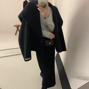 双面羊绒大衣女新款针织领大翻领羊毛双面呢短款外套羊毛呢子大衣