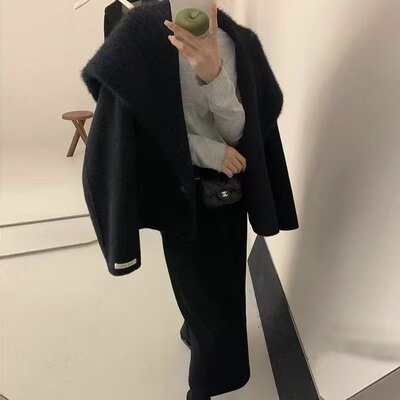 双面羊绒大衣女新款针织领大翻领羊毛双面呢短款外套羊毛呢子大衣