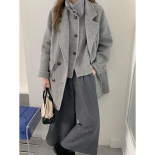 西装针织领双面呢大衣女中长款加厚宽松双排扣秋冬通勤毛呢外套