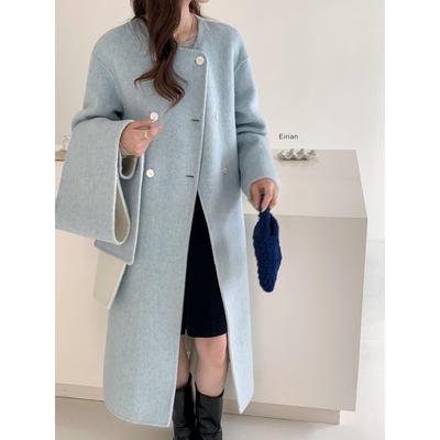 蓝色双面羊绒大衣中长款