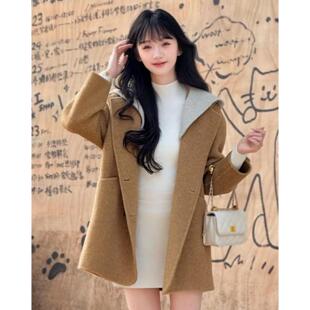 双面羊绒大衣女2025秋冬新款宽松显瘦撞色减龄连帽中长款羊毛外套