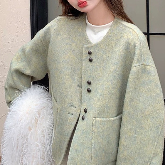 单排扣2025年春季圆领复古米色