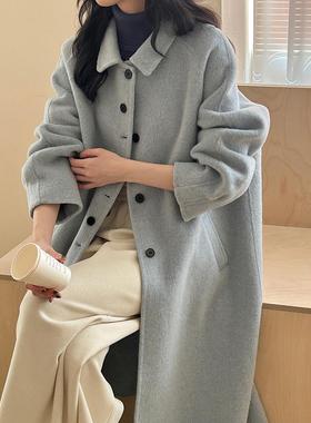 韩国双面羊毛呢绒大衣女高级感简约风翻领大衣秋冬单排扣时尚外套