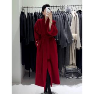 高级感红色中长款浴袍款双面羊毛大衣女秋冬新款气质羊毛呢外套潮