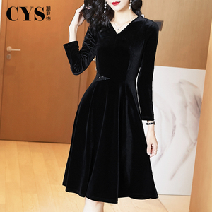金丝绒连衣裙2026年秋季新款高贵洋气v领气质丝绒礼服裙子女秋冬
