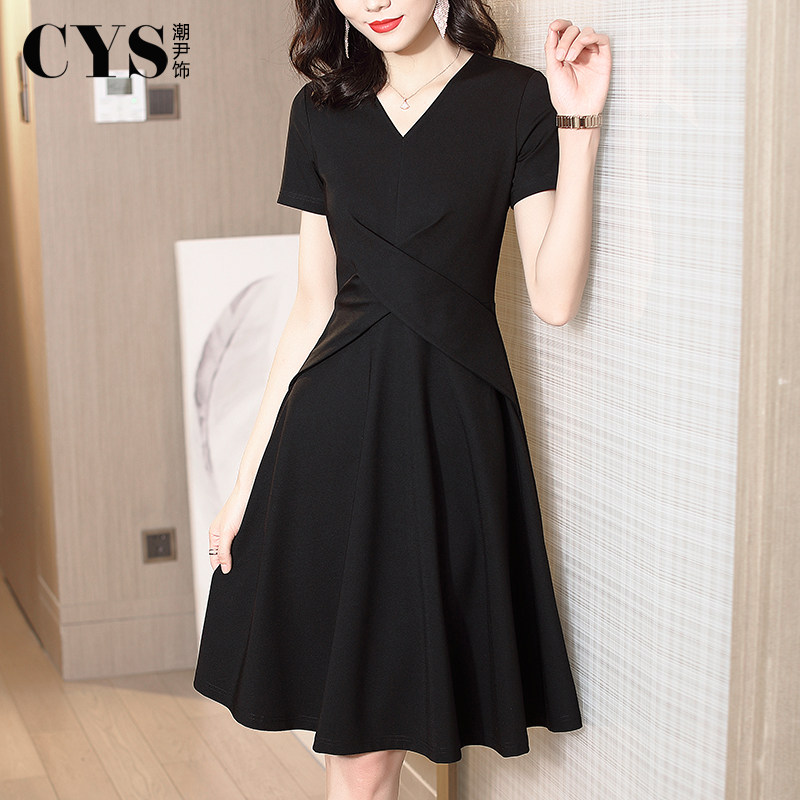职业连衣裙女2020夏新款气质修身小黑裙赫本风V领裙子黑色流行款