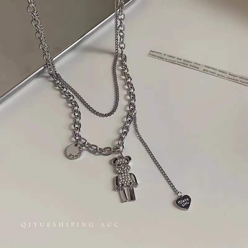 时尚新潮嘻哈ins风 小熊笑脸链条吊坠双层项链网红新潮百搭锁骨链