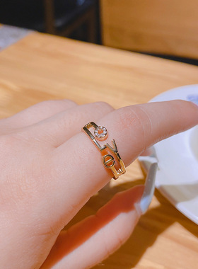真金电镀铜镶锆石love戒指冷淡风指环韩国小众设计开口ins潮食指