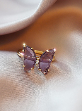 真金电镀铜镶水晶蝴蝶开口戒指女ins潮时尚网红个性清新韩版指环