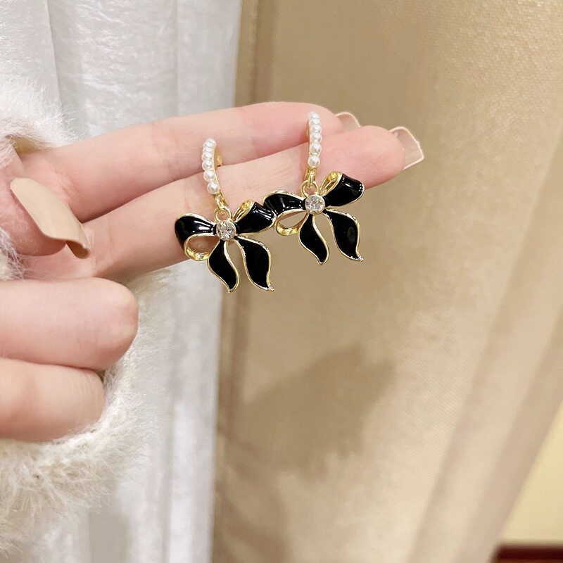 s925银针法式复古珍珠滴油蝴蝶结耳环耳扣女韩国百搭气质耳钉耳饰