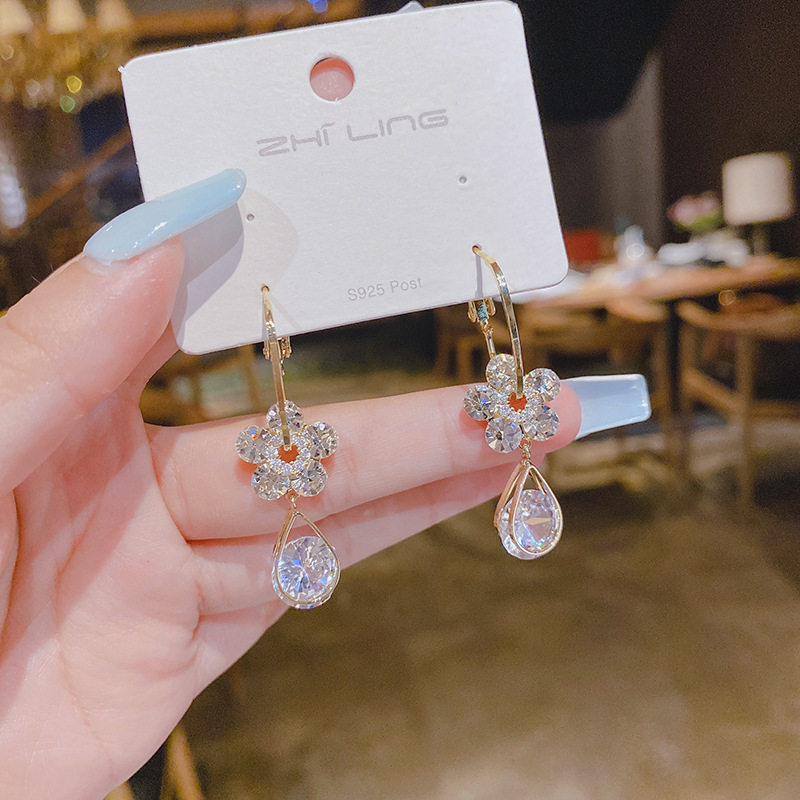 s925银针水晶锆石花朵吊猫石耳坠耳圈抖音快手爆款耳环耳饰