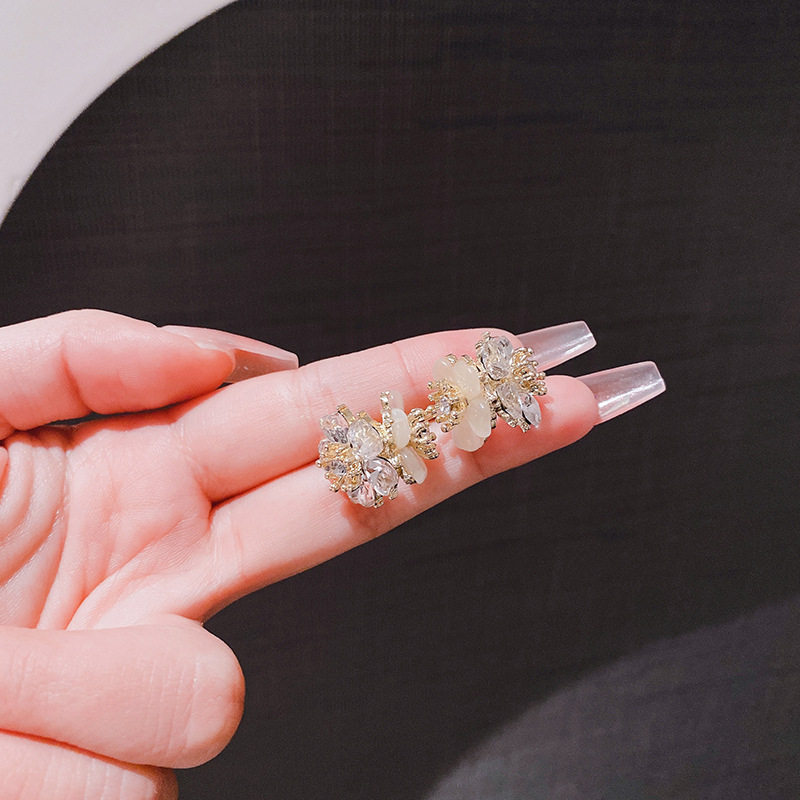 韩式甜美个性复古水晶猫石双面花朵耳扣小众设计高级感气质耳环