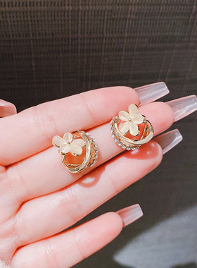 2024东大门新款小花耳钉猫石设计感耳饰镶钻个性耳饰耳环女