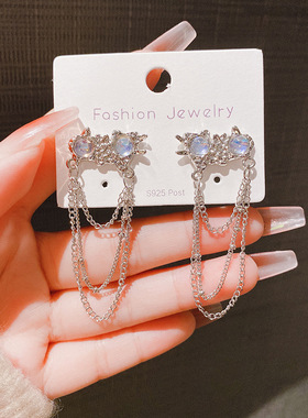 2024月蚀系列链条流苏月光石耳钉银针耳环女感轻奢小众设计耳饰品