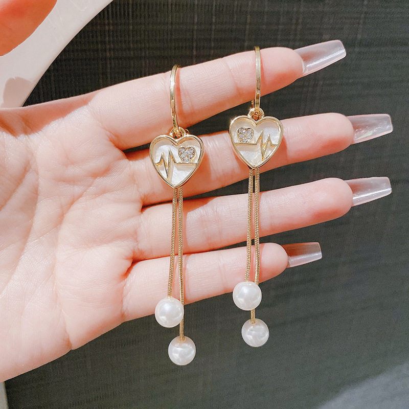 925银针C圈长款流苏爱心珍珠 耳坠ins女网红个性时尚显瘦百搭耳环