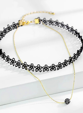 韩国时髦精蕾丝小花choker颈链复古双层项链女新品潮锁骨链项圈女