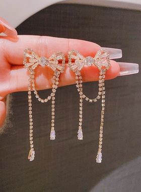 2024新款潮简约气质蝴蝶结耳环流苏长款耳饰感耳坠女超仙耳饰