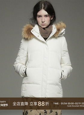 Cycle Document 90白鹅绒 白色修身貉子毛领短款加厚连帽羽绒服女