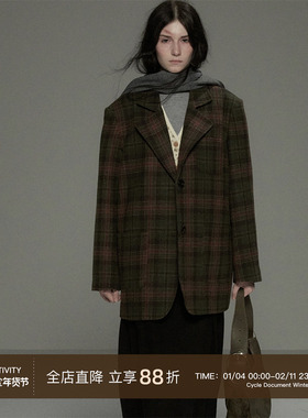 Cycle Document 循环档案 复古墨绿色高级感格纹羊毛呢西装外套女