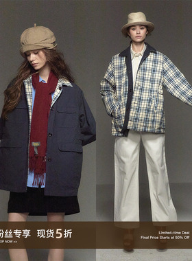 CycleDocument【双面穿】多口袋设计/廓形格纹猎装夹克工装外套女