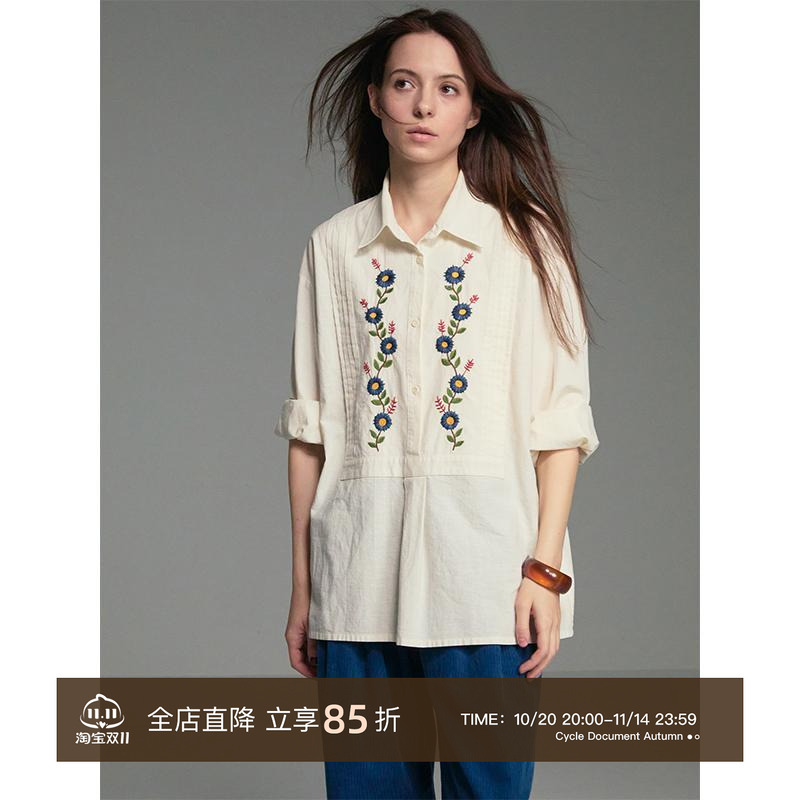 CycleDocument棉麻花卉刺绣衬衫