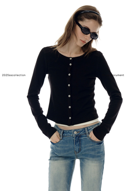 Cycle Document黑色圆领修身针织开衫女春秋短款简约外搭打底毛衣