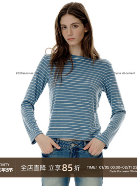 Cycle Document 莱赛尔蓝白细条纹长袖T恤女微宽松正肩圆领打底衫