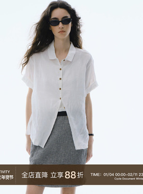 Cycle Document 夏季宽松显瘦简约正肩衬衣亚麻白色短袖衬衫女