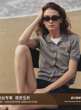 Cycle Document  羊毛混纺翻领短袖针织衫女通勤气质百搭开衫上衣