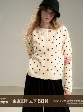 Cycle Document 羊毛复古撞色波点卷边开衫针织小圆领毛衣女秋冬