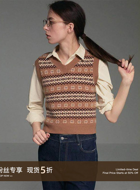 Cycle Document 复古费尔岛提花V领纯羊毛针织马甲女短款叠穿背心