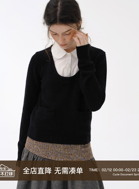 Cycle Document【100%纯羊毛】黑白撞色娃娃领假两件针织毛衣女