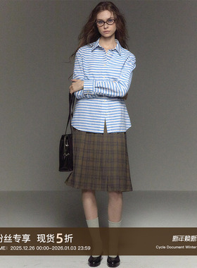 CycleDocument 经典横条纹基础小版型显瘦棉麻长袖衬衫女透气亲肤