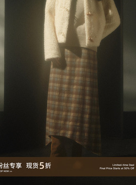 Cycle Document翻折腰头设计/复古高腰不规则A字格纹半身裙女长款