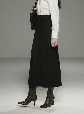 Cycle Documen  含羊毛复古黑色设计感高腰a字毛呢半身裙女中长款